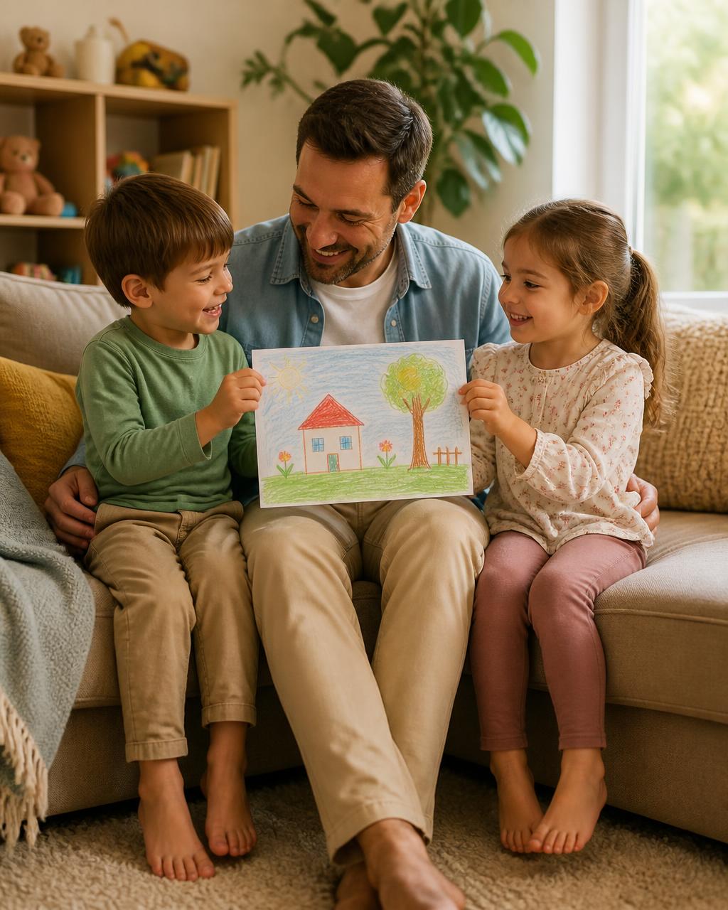 Father spending supervised community contact time with his two children in a warm, home-like setting.
